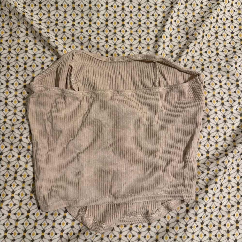 Beige Strapless Ribbed Top - Picture 2 of 2
